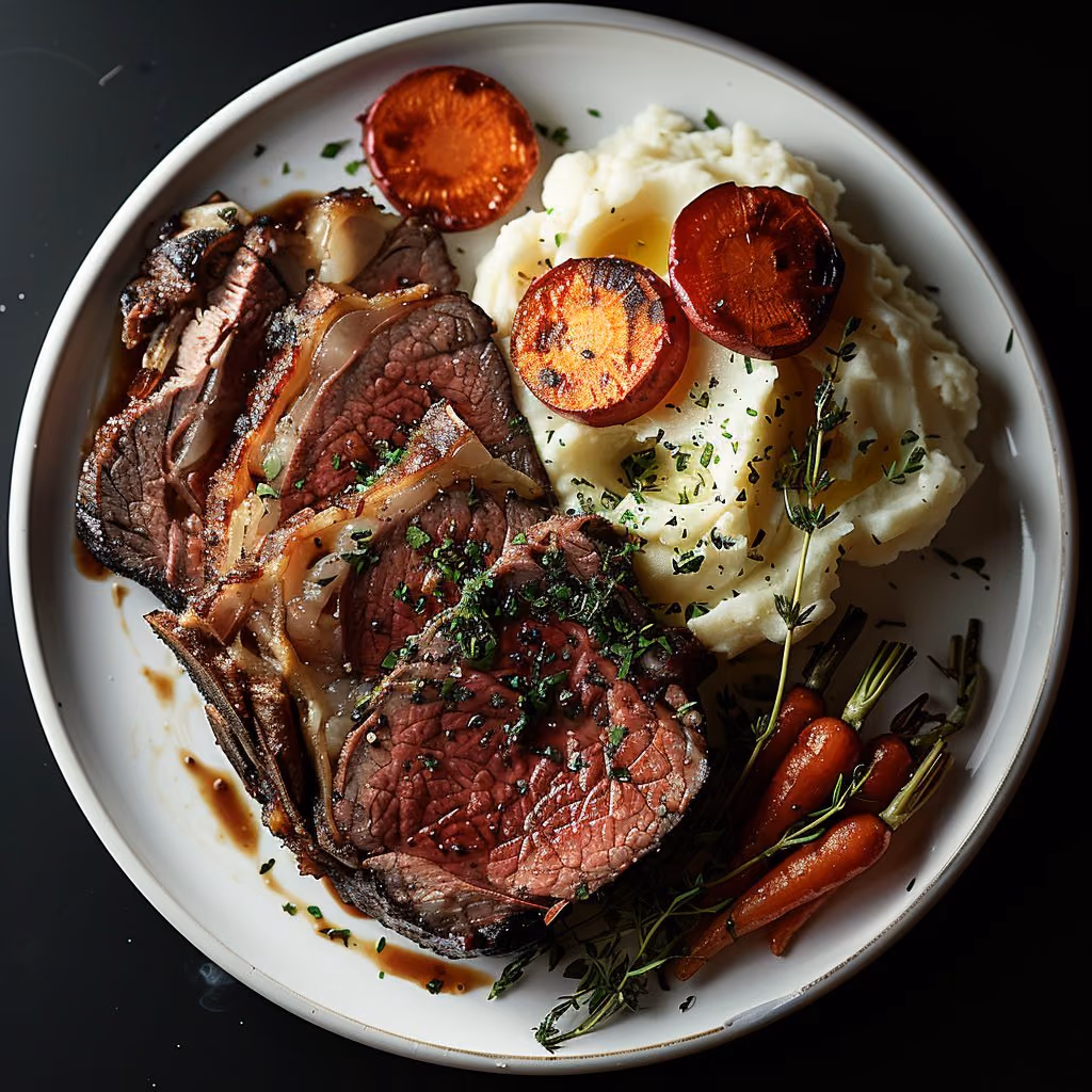 Sliced prime rib with mashed potatoes and carrots — food photography by Seth Dobie