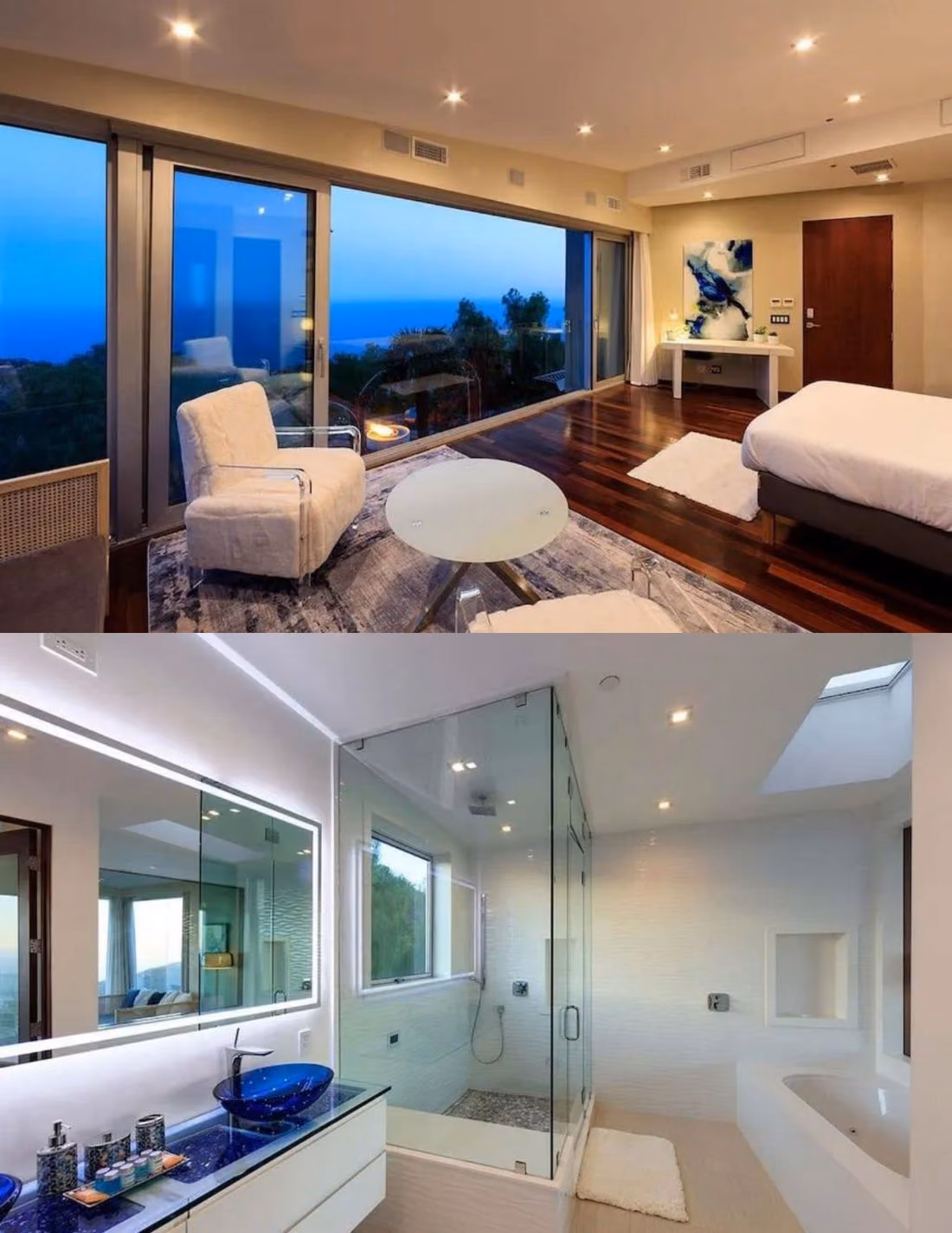 Finished bedroom and bathroom of the renovated Rambla Pacifico home