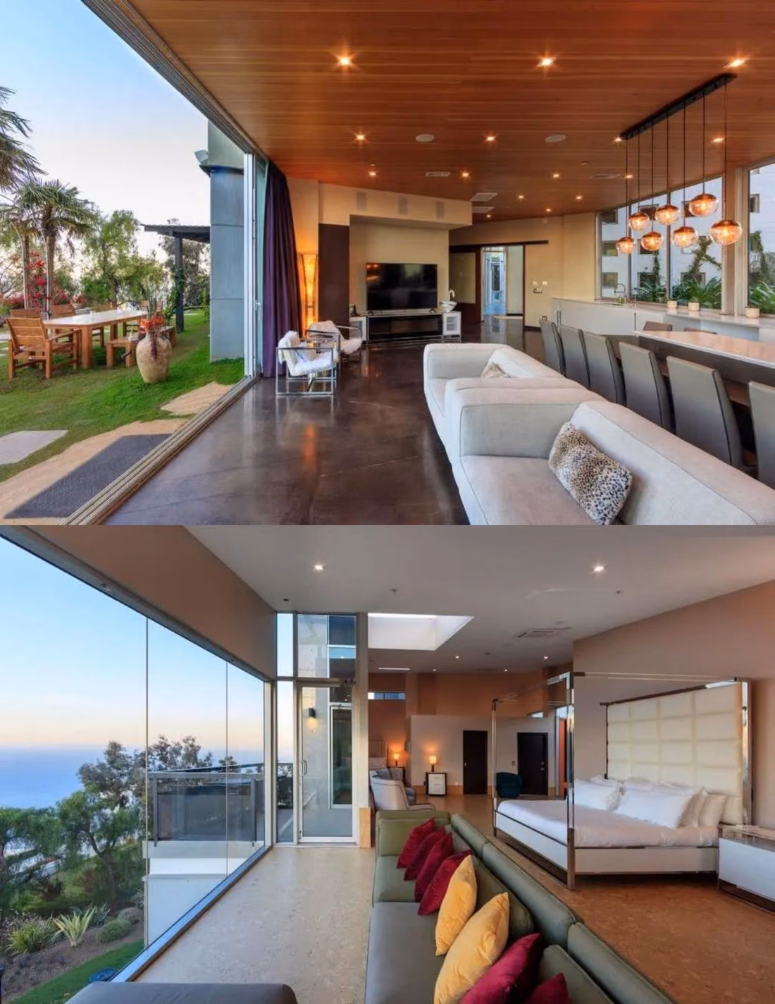 Finished living room and primary bedroom of the renovated Rambla Pacifico home